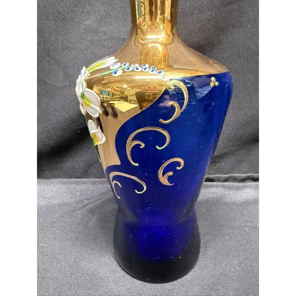 Cobalt Blue & Gold Bohemian Style Decanter (5) Shot Glasses Hand Painted Flowers